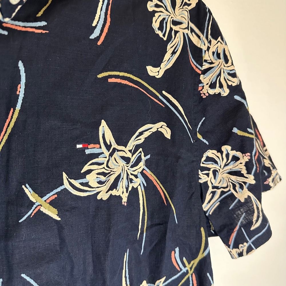 NWT Men's Tommy Hilfiger Size L Cotton Linen Short Sleeve Button Down Navy Print - Picture 5 of 6